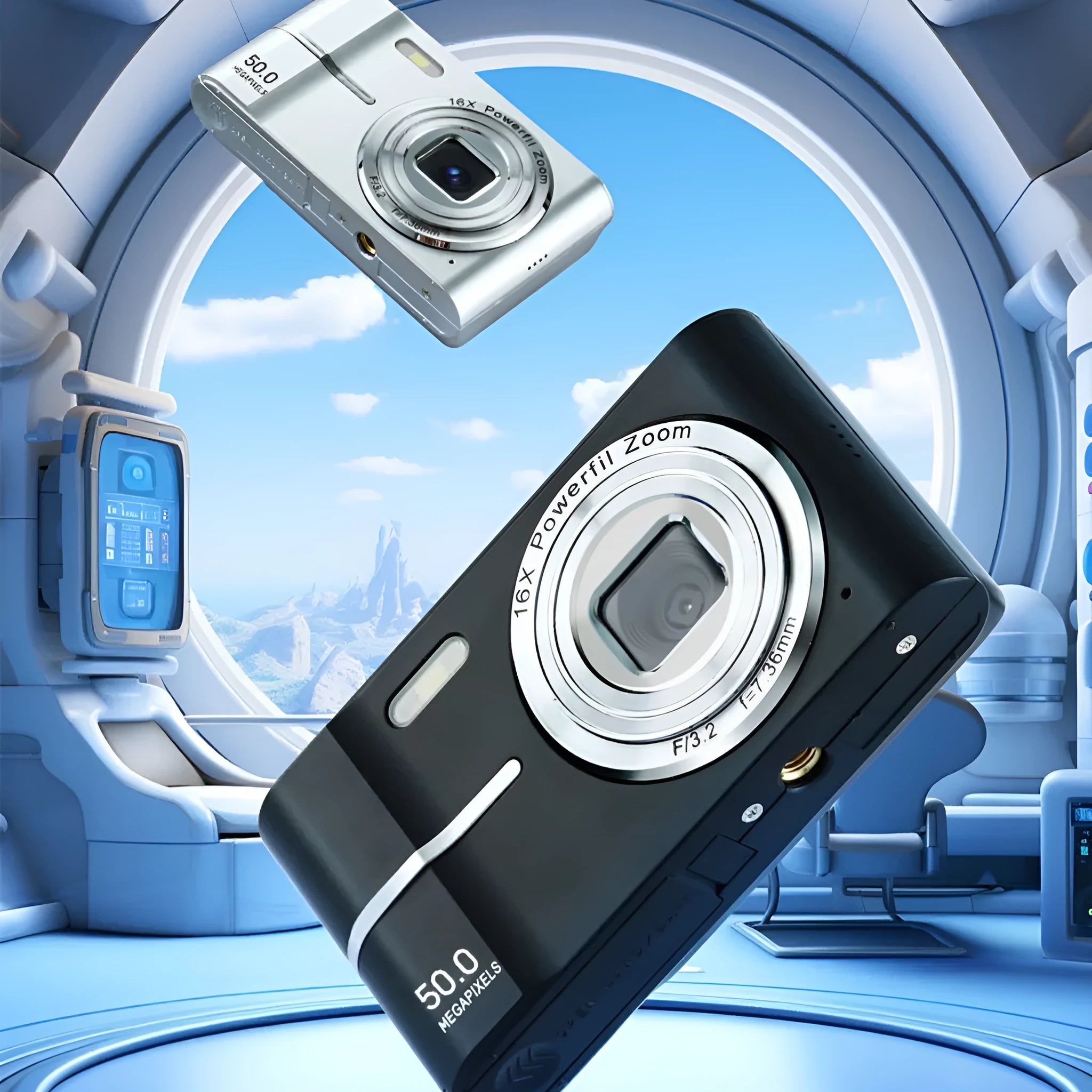 Compact HD 4K digital camera in black, green, pink, or white with full HD screen.