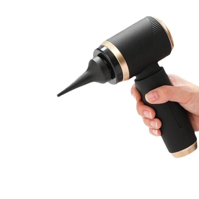 Household car portable handheld vacuum cleaner with wireless charging base, black rubber type grip, gray spray paint finish