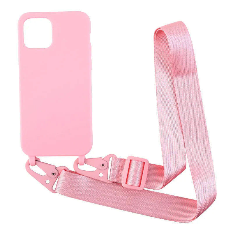 Buckle ribbon lanyard TPU phone case for Samsung models in black with ribbon attachment