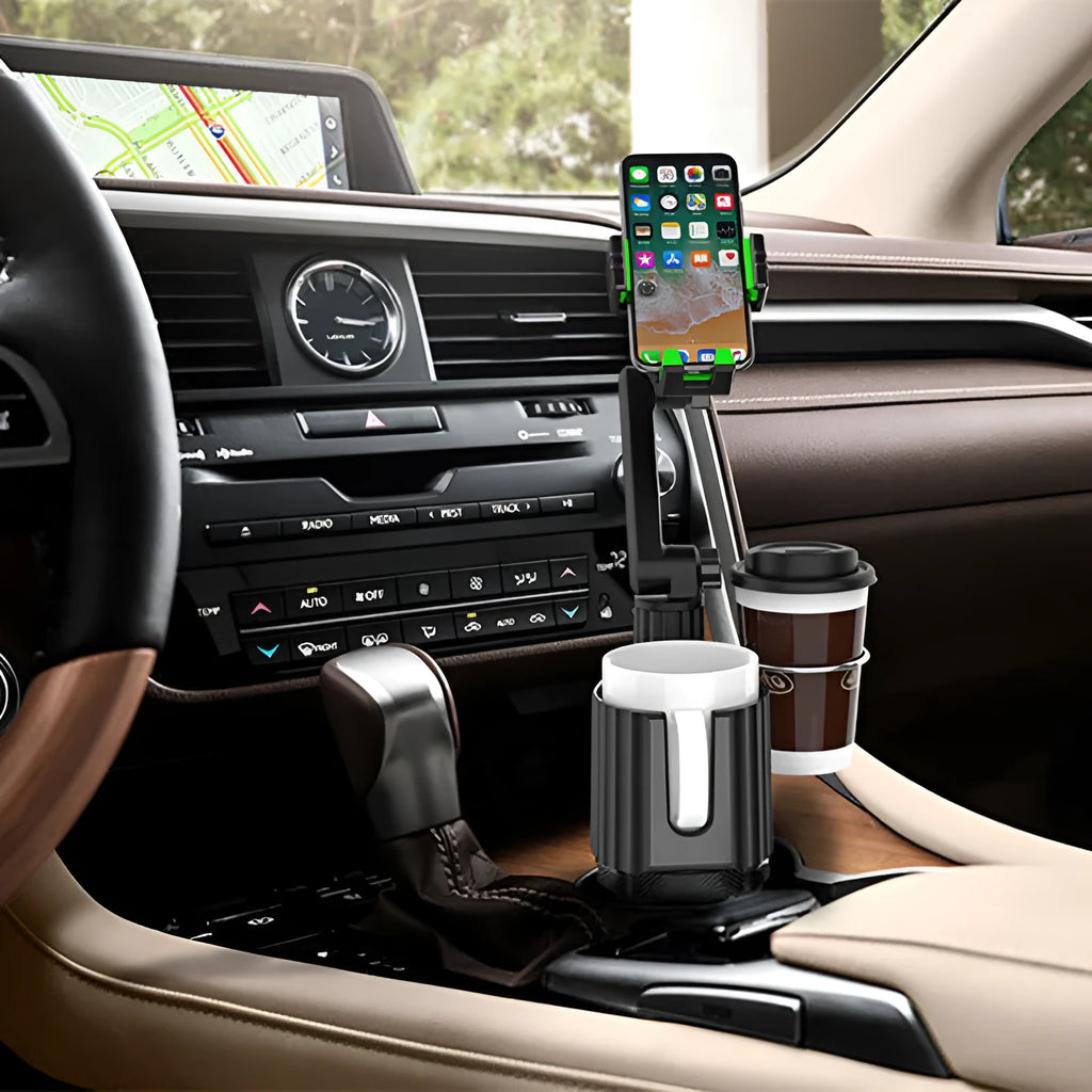 Green car centre console organiser with drink holder, kettle cradle, and mobile phone mount.