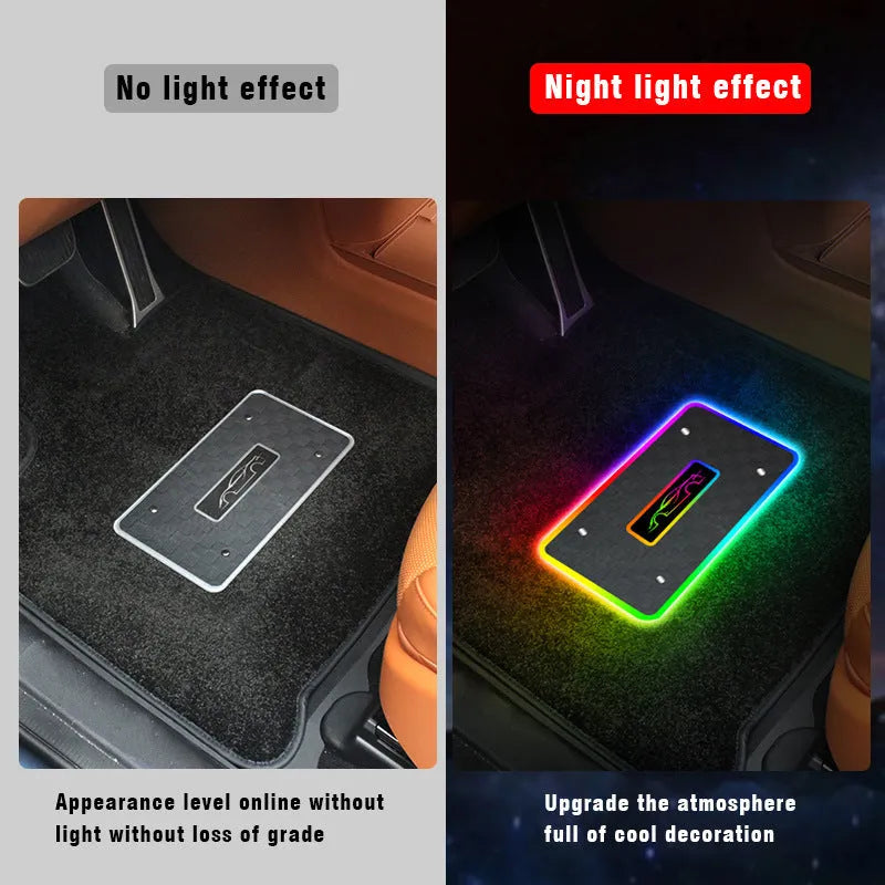 LED car foot mat light with RGB colour, diamond pattern, on car footwell floor