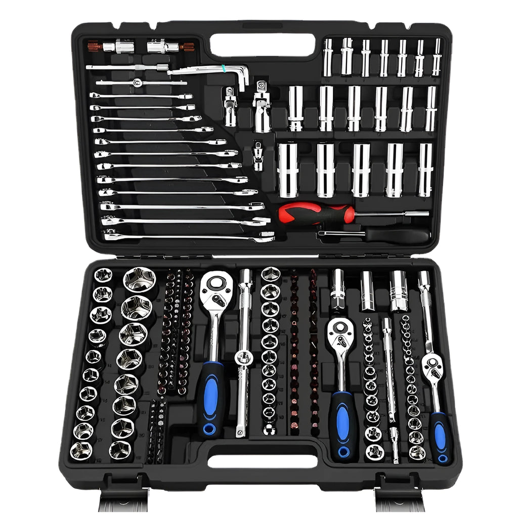 46-piece chrome vanadium steel socket wrench set with nickel-plated sockets and ratchets.