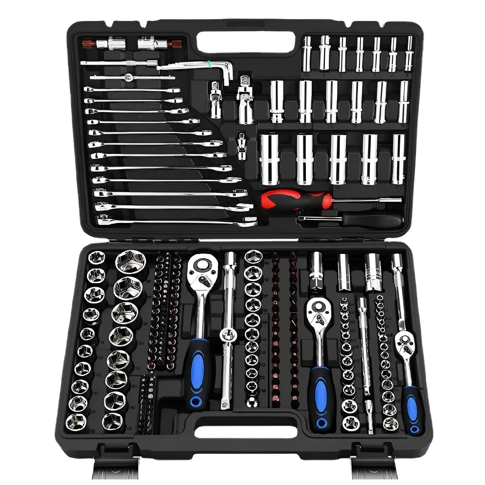 46-piece chrome vanadium steel socket wrench set with nickel-plated sockets and ratchets.