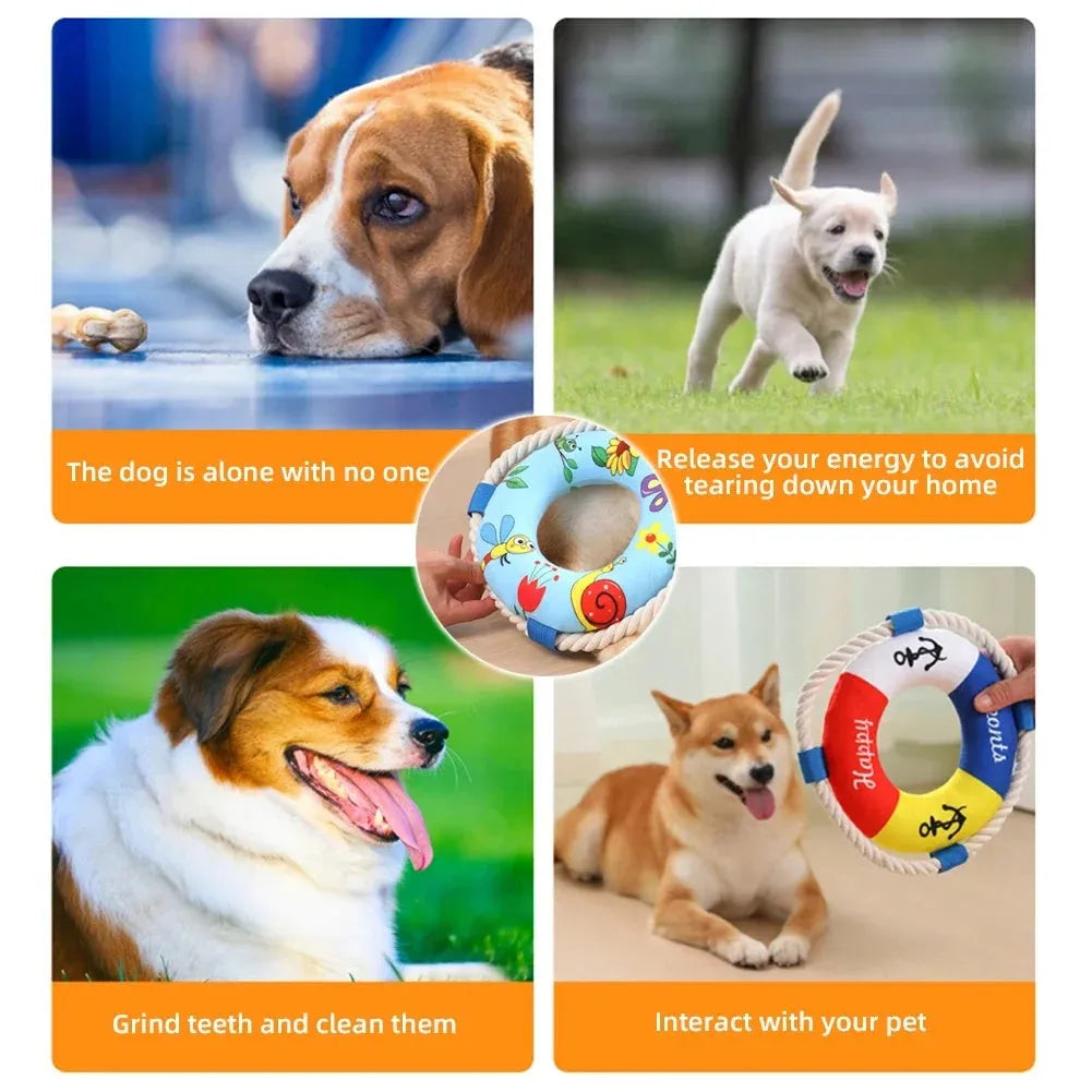 Yellow fish design floating dog pull ring squeaky toy measuring 25cm for chew and fetch games