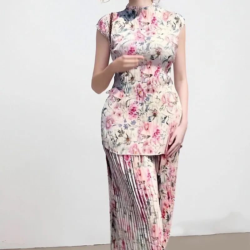 Long sleeve printed chiffon dress high waist two-piece set with matching top in picture colour.