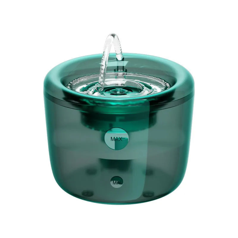 Grey and green automatic pet water fountain with USB cable for dogs and cats