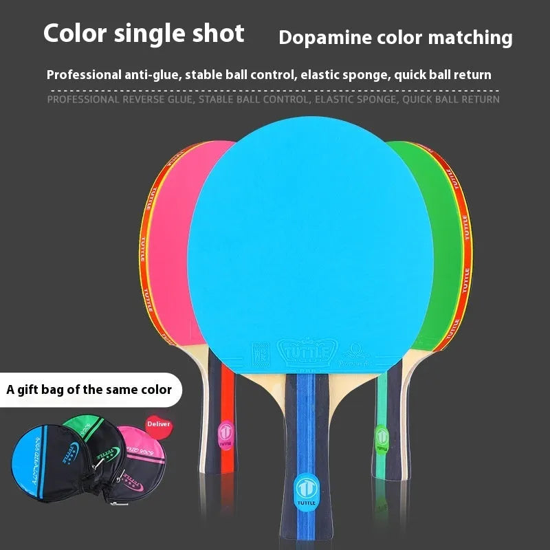 Colourful table tennis racket with pure wood construction and long handle next to matching protective bag
