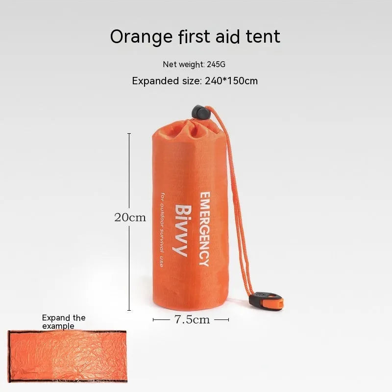 Orange and green emergency tents with sleeping bags and survival whistle for outdoor disaster relief