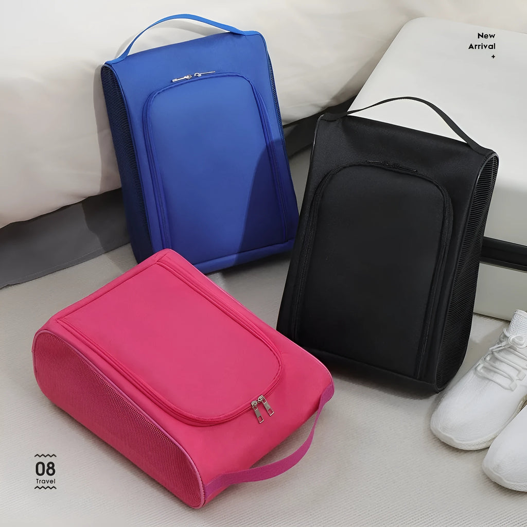 Portable Oxford cloth shoe bag in black, blue or rose red with large capacity and optional half mesh breathable design