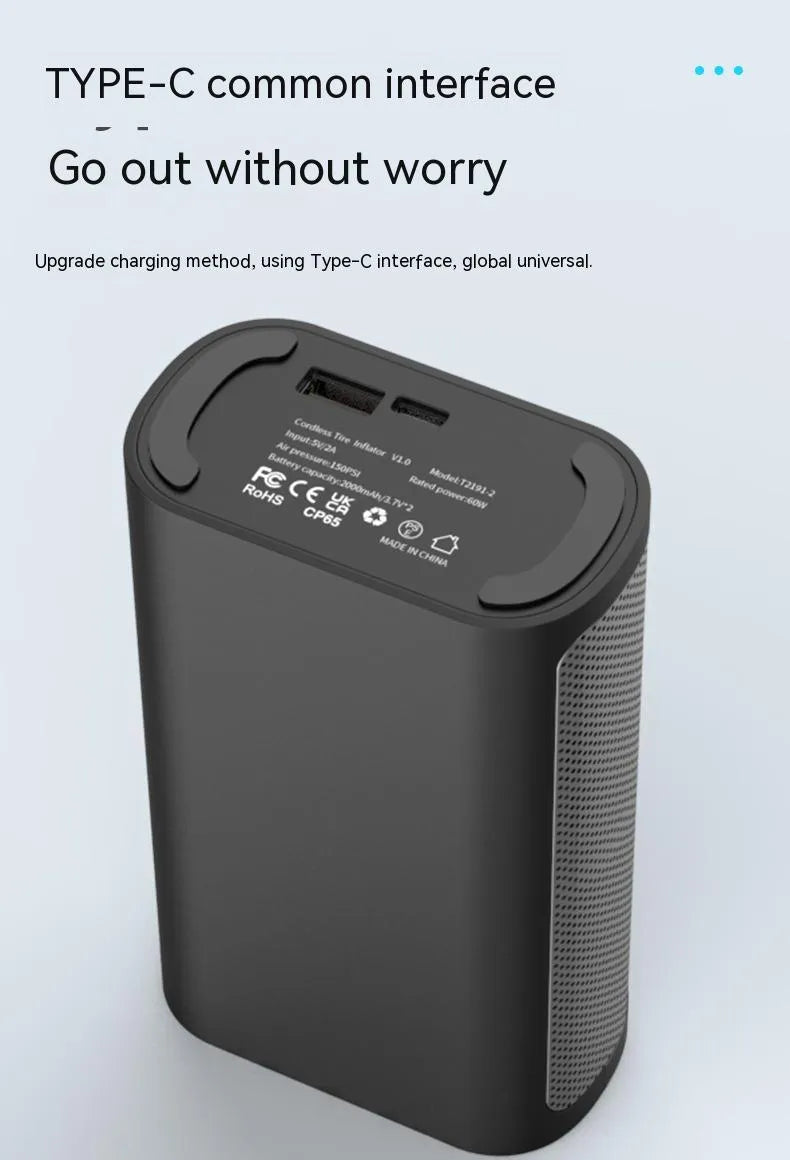 Black handheld digital car tyre pump with LED display and attached air hose, alongside bicycle and ball nozzles.