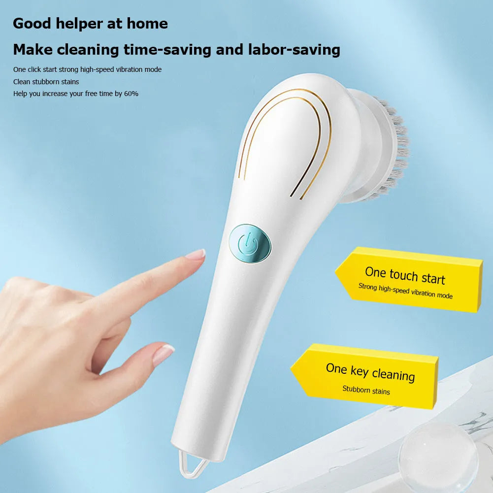 White cordless electric handheld spin scrubber with five different cleaning brush heads and a USB charging cable.