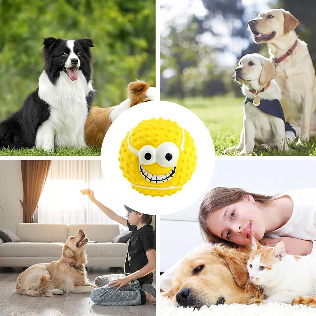 Green, orange, and yellow smile face latex squeaky dog ball toy.