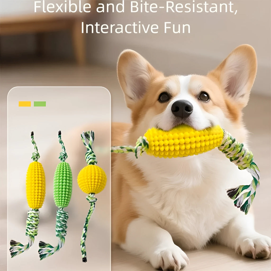Pet Toy Corn Ball Knot Teething Toys set with two corn-shaped toys in yellow and green and one yellow ball on a white background