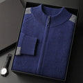 Men's navy blue cashmere blend knitted cardigan suit with half turtleneck zip top and matching trousers