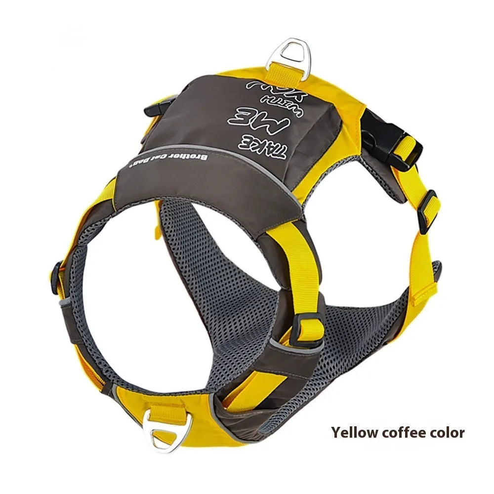 Orange blue nylon dog chest strap harness showing vest style design with single chest back loop