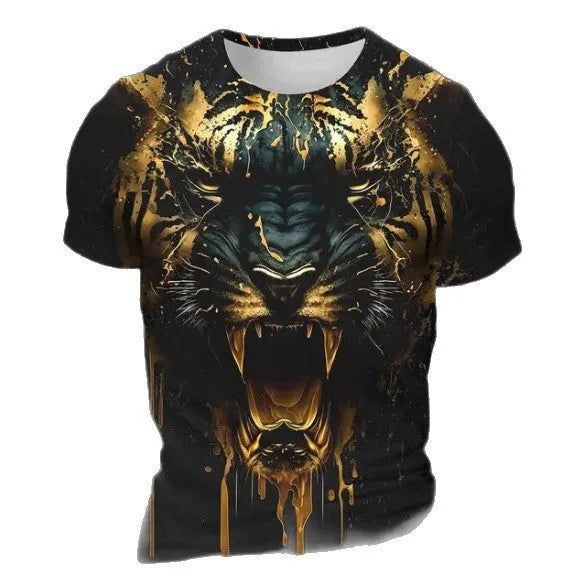 Men's grey T-shirt with a large, detailed 3D tiger head print on the front.