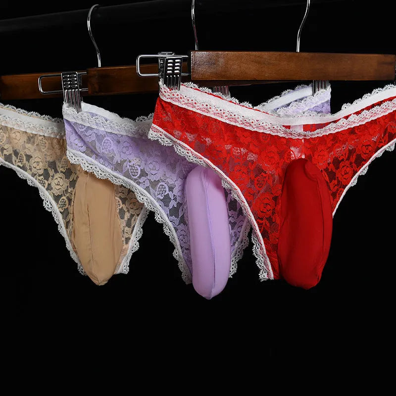 Qing He men's lace low waist underwear shorts with vertical bag egg design in black.