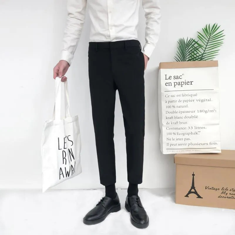 Men's Korean-style straight leg cotton pants in black, gray, or khaki with drawstring waist