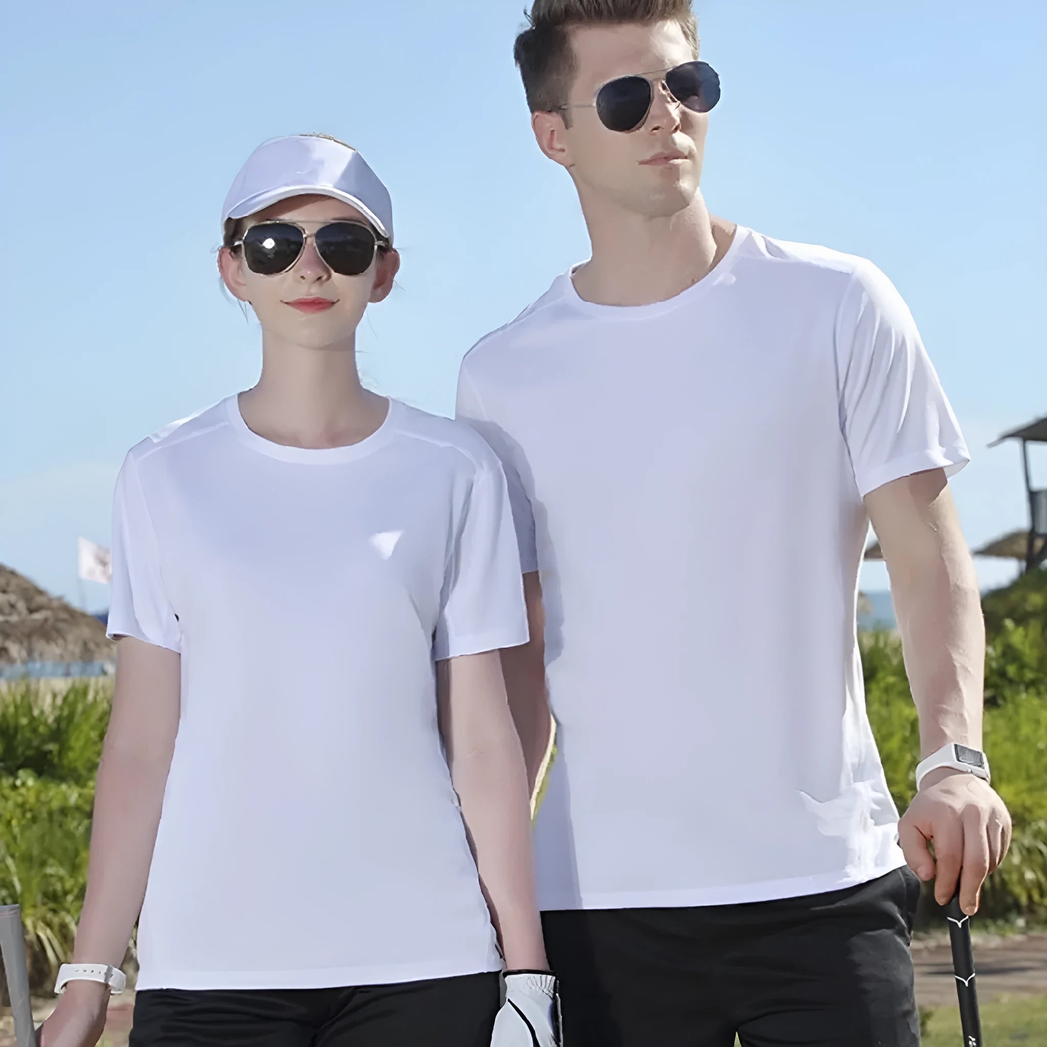 Men's black and white loose fit cotton T-shirt showing round neck design and casual summer styling