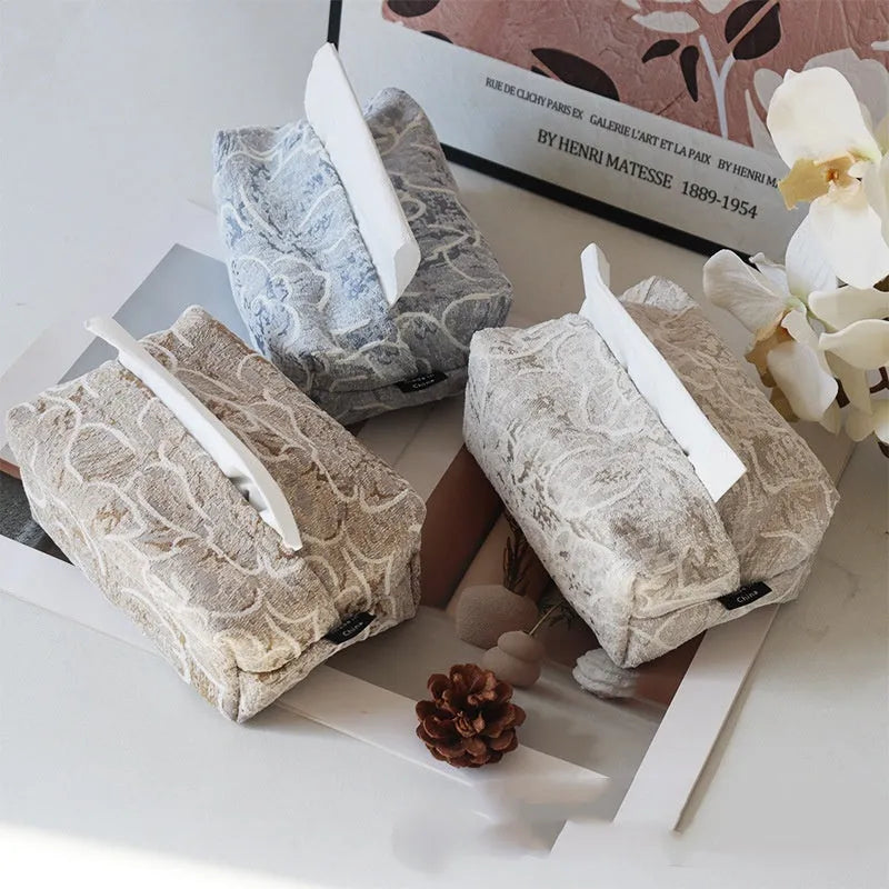 Chinese style floral print cotton fabric tissue box in beige, blue, or brown.