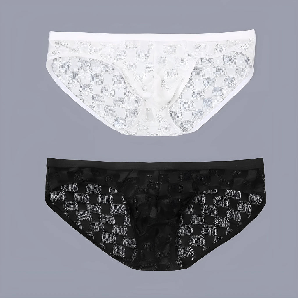 Men's black and white plaid mesh briefs with U-convex design on a flat lay