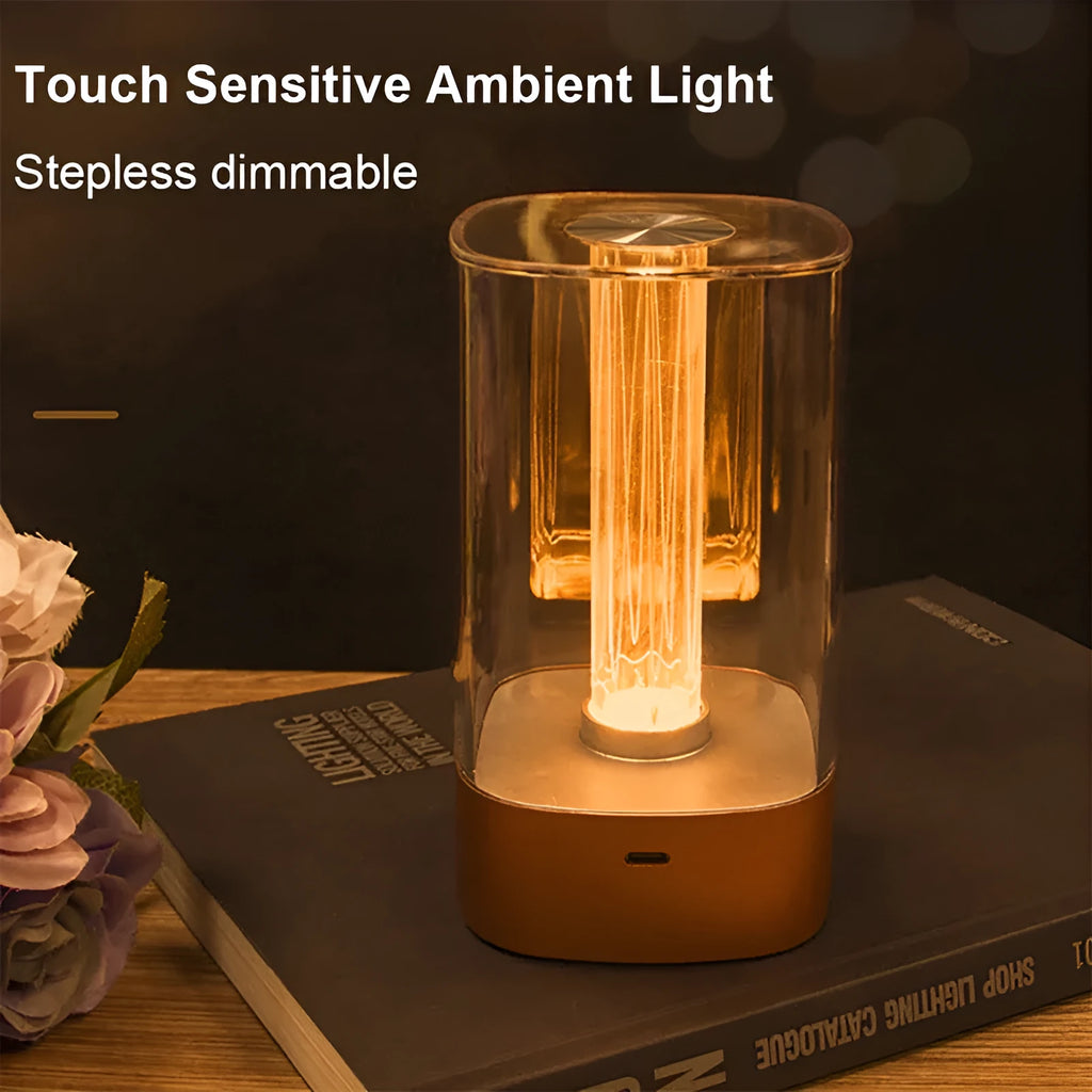 USB rechargeable LED touch atmosphere lamp in rose gold finish with abstract patterned shade