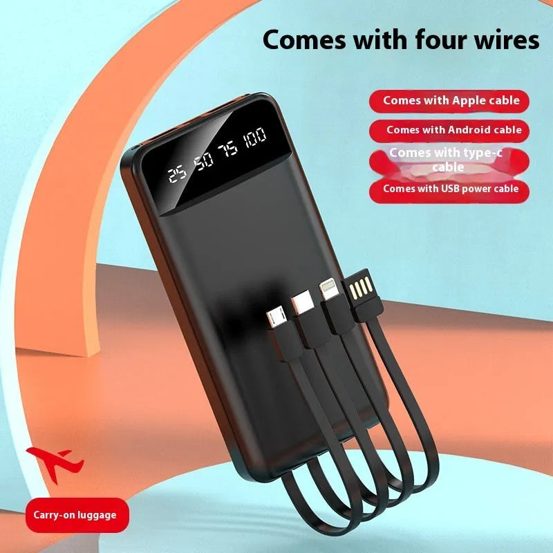 20000 mAh power bank in black, white, or red colours showing compact size and optional cable