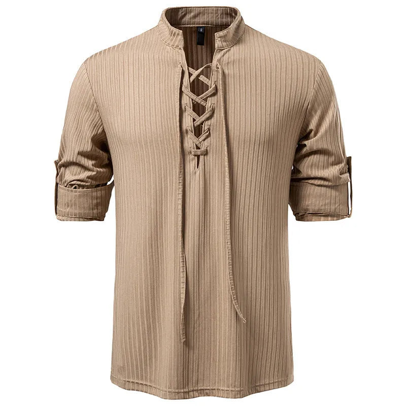 Men's casual long sleeve T-shirt with drawstring, slim fit, shown in six colours, sizes S to 2XL.