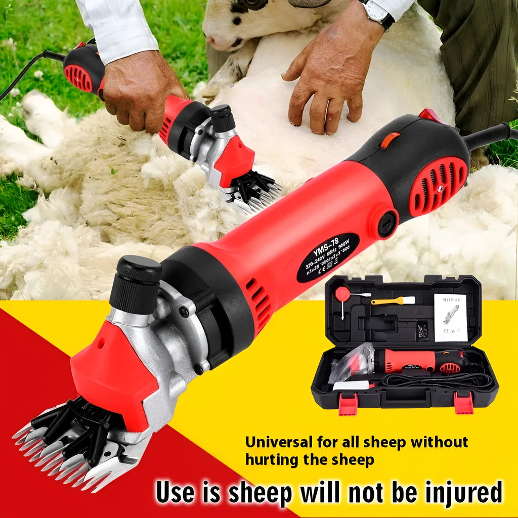Yellow electric wool shears with 110V plug and multiple blade sets including straight and curved knives
