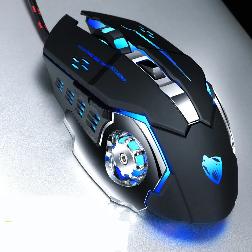Wired gaming mouse with 1600dpi optical sensor, six buttons, USB cable, shown in black, blue, grey, and white