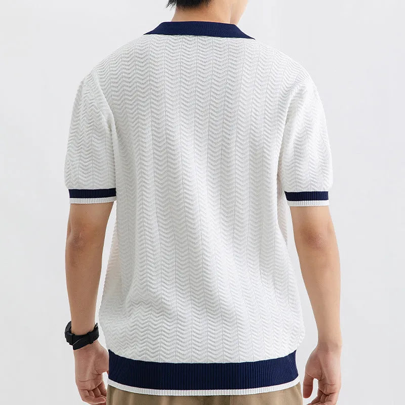Men's ice silk polo shirt, short sleeve, striped pattern, slit detail, dark green colour, summer casual top