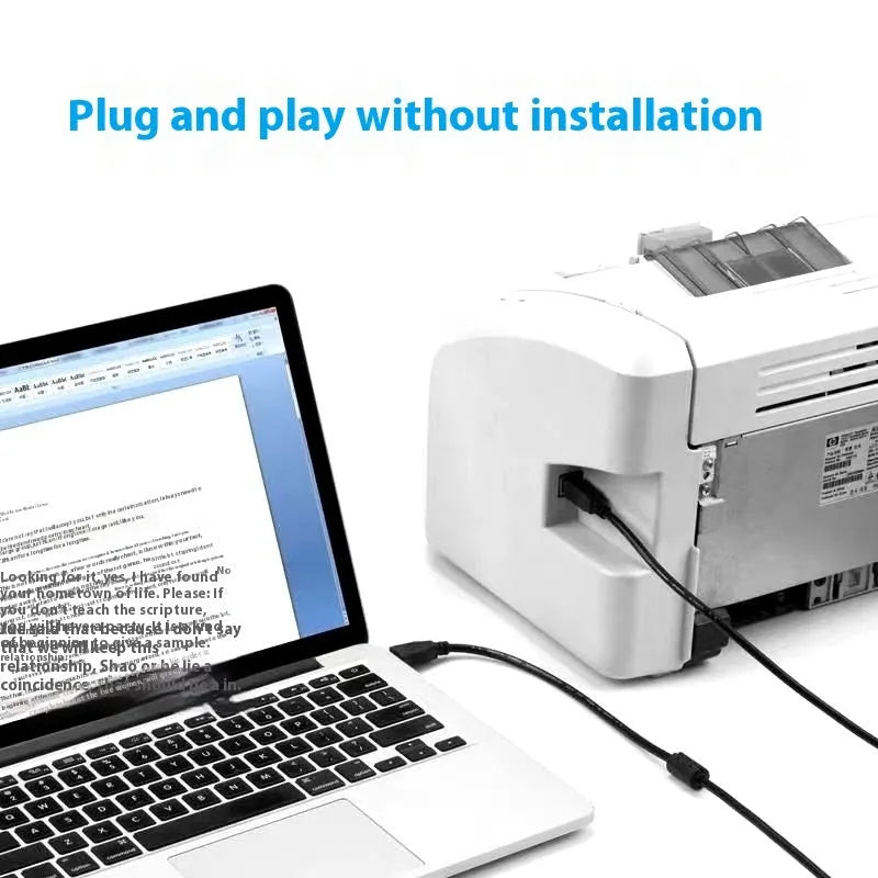 Black USB printer cable with pure copper core and square mouth nickel-plated interface on white background