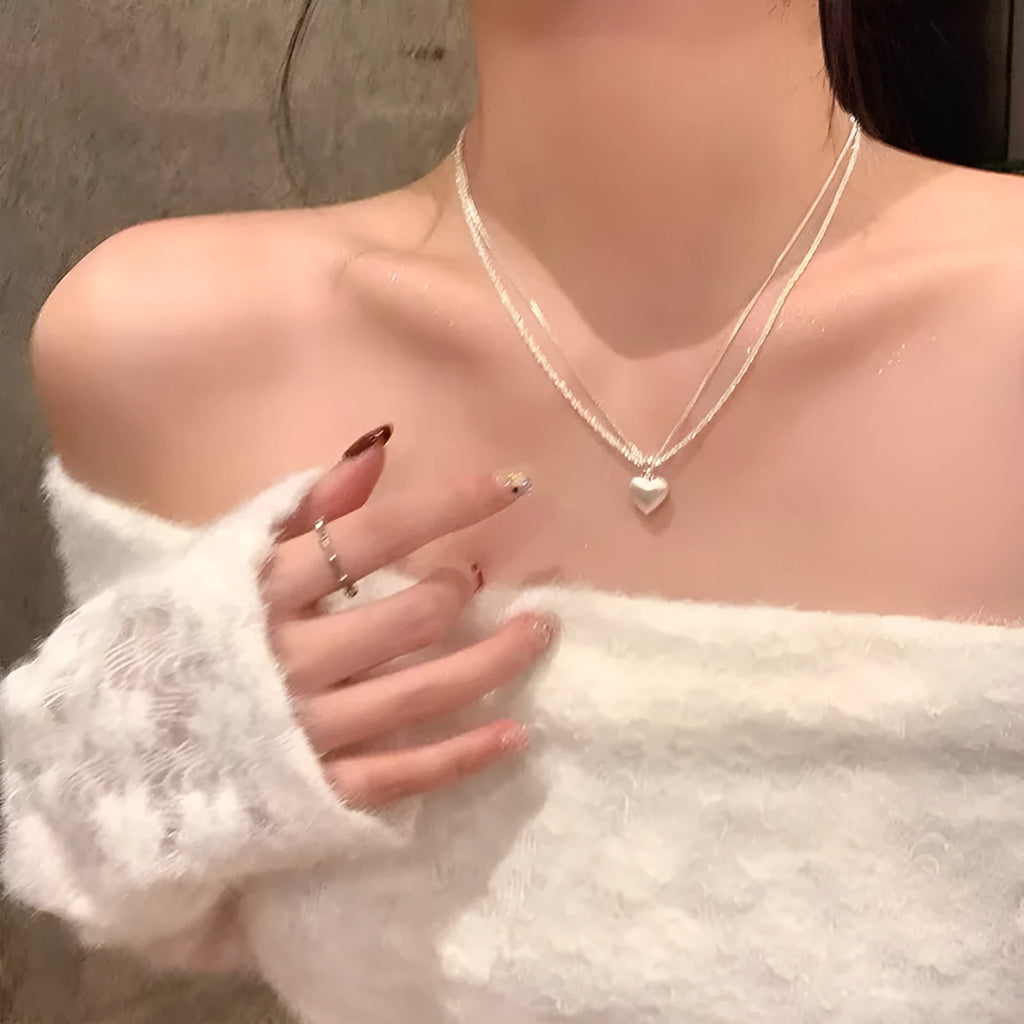 Brushed heart-shaped double-layer necklace on adjustable chain