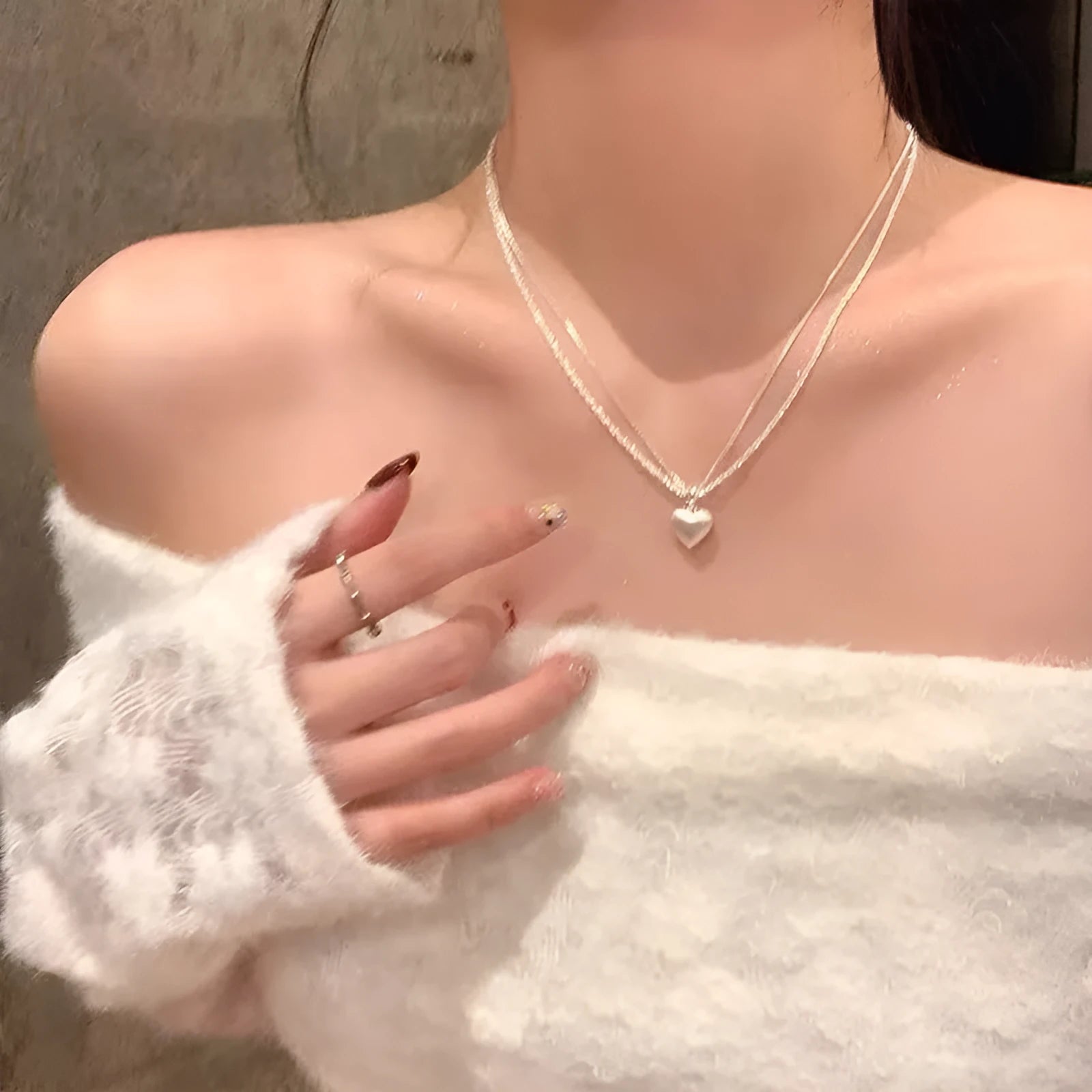 Brushed heart-shaped double-layer necklace on adjustable chain