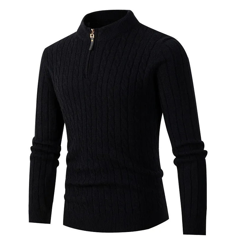 Men's thick twist zipper half open high collar sweater in gray