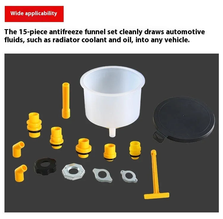 15-piece plastic funnel set in assorted colours for coolant and antifreeze automotive repair