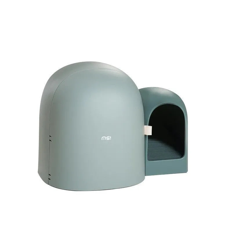 Oversized fully enclosed cat litter box in moss green colour, showing its large dimensions and solid ABS plastic construction.
