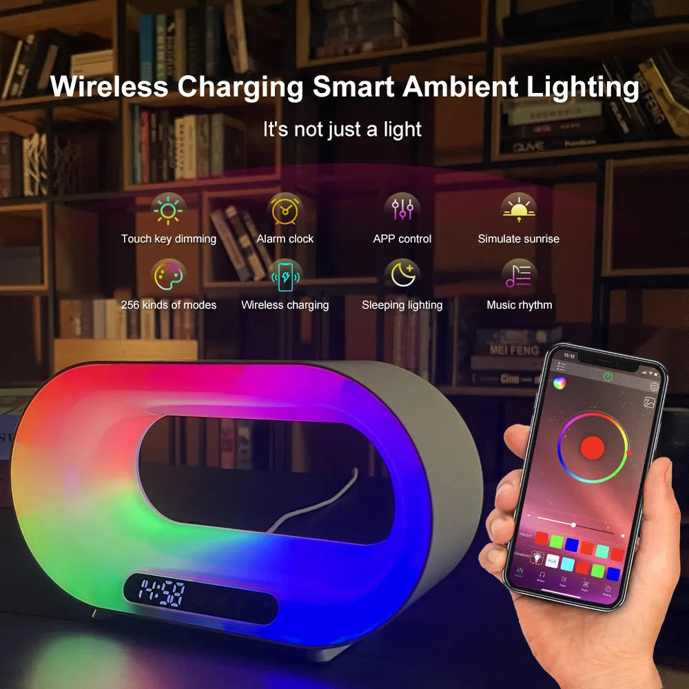 White 3-in-1 LED night light with wireless charging pad and alarm clock display