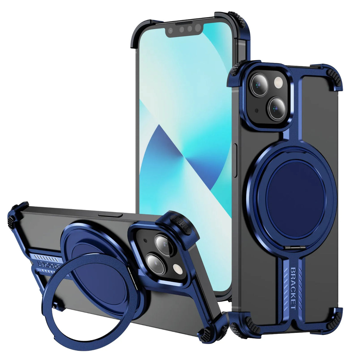 Titanium alloy bone sensing bracket frameless phone case for iPhone 17 series in black, sapphire blue, orange, and grey.