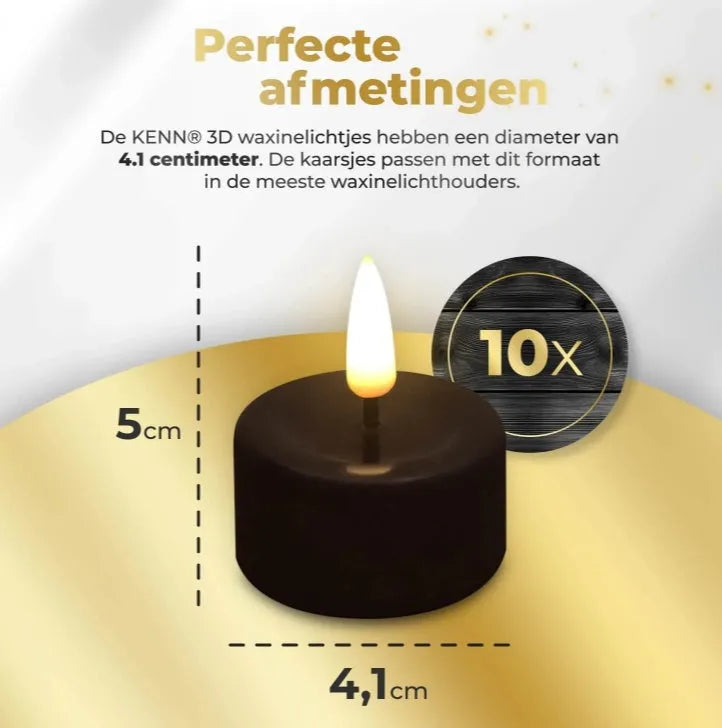 Four black LED tealight candles showing flickering light effect on a table.