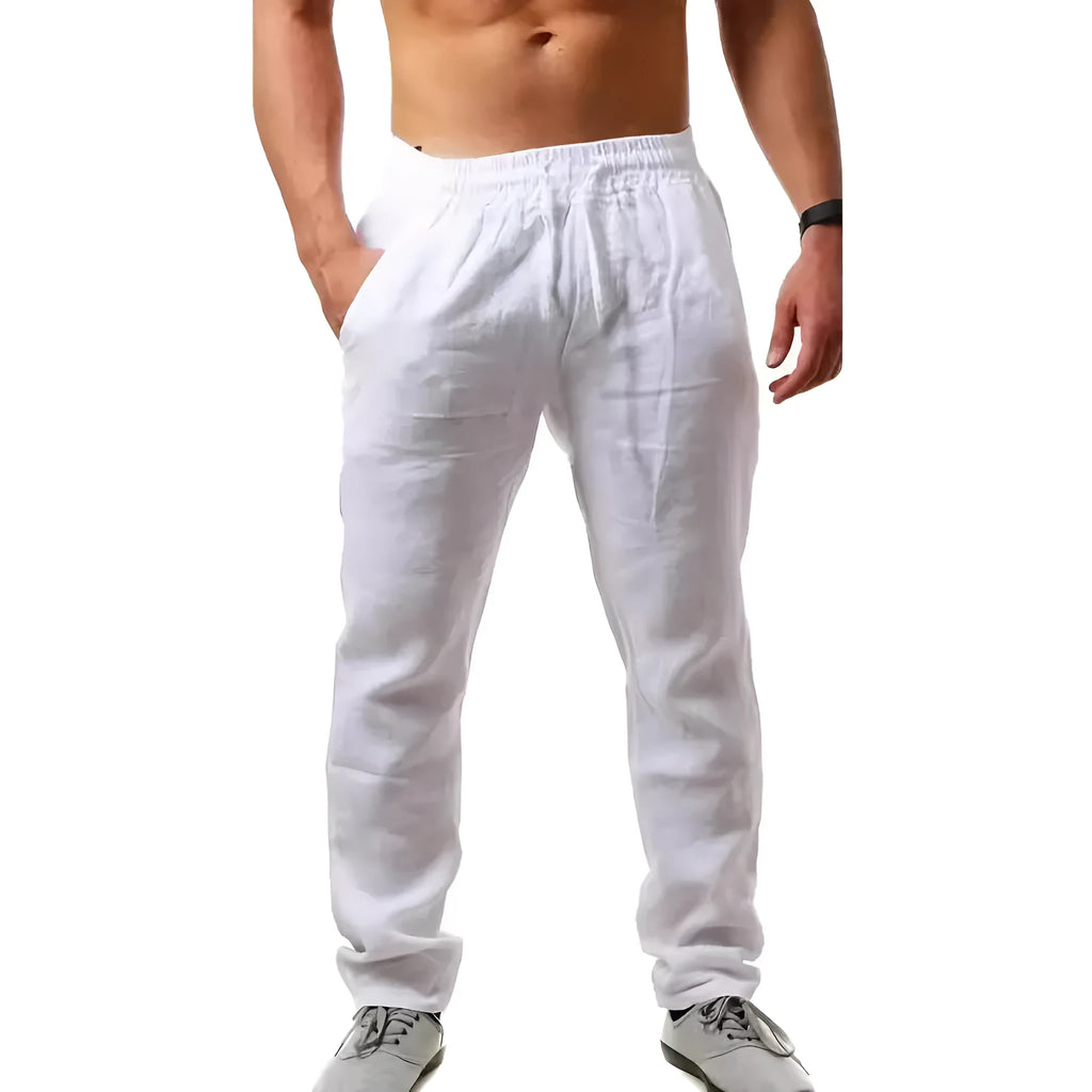 Men's cotton beach pants in loose casual fit showing solid colour options