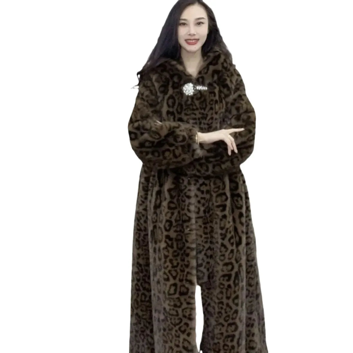 Brown leopard print loose plus size long faux fur coat for women.
