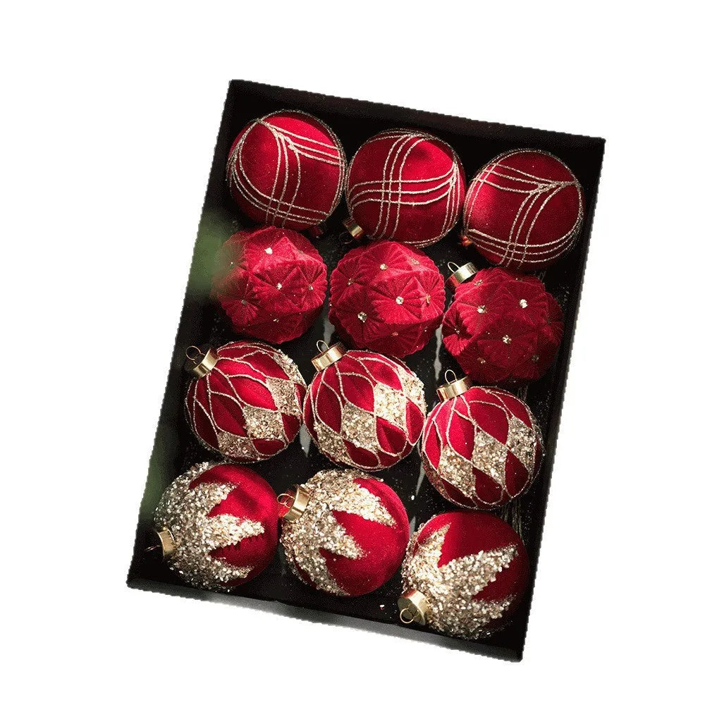 Flocked Christmas ball pendants in wine red, milky white, and Maillard, supplied in a 12-piece paper box