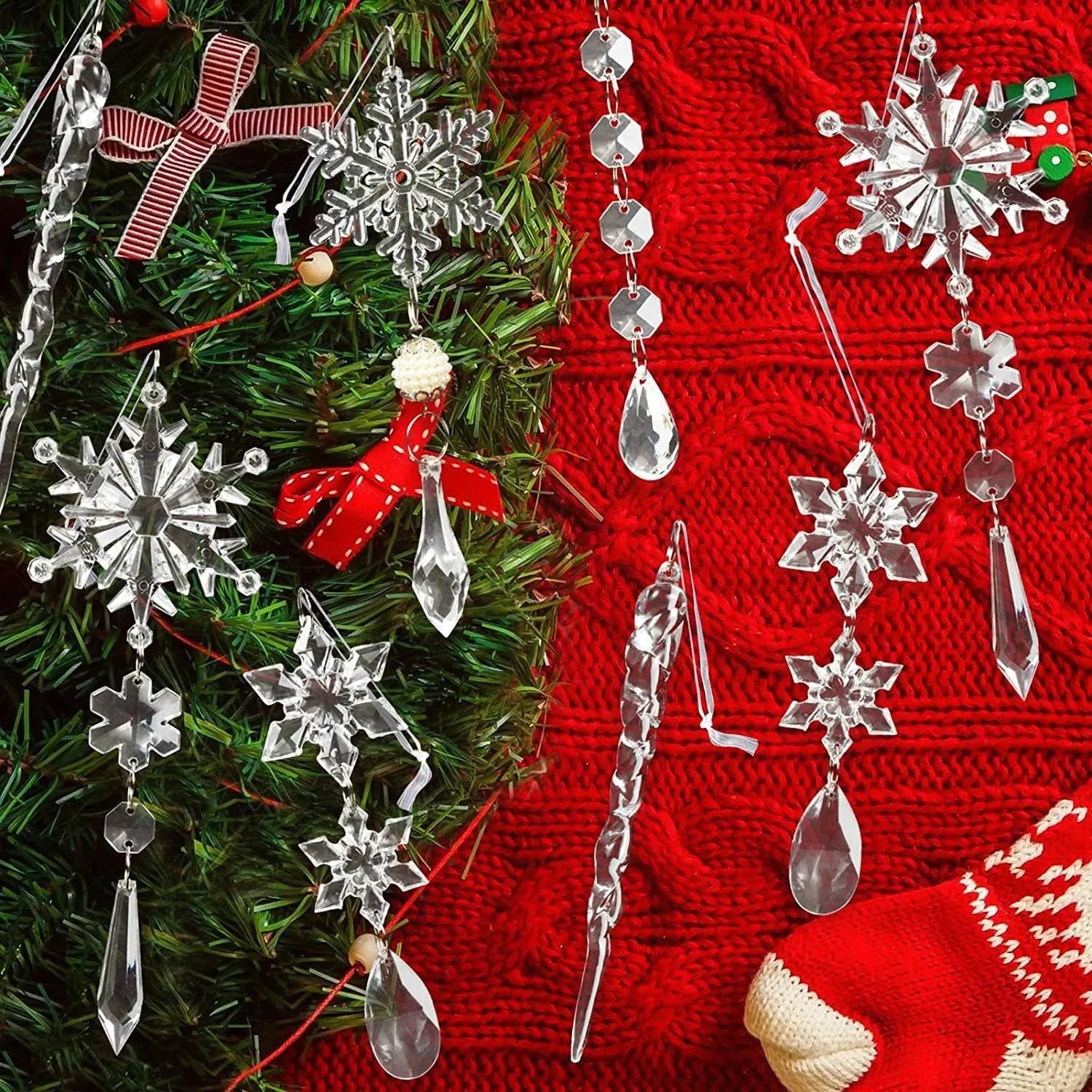 Ten transparent acrylic ice cone Christmas ornaments with hanging ribbon