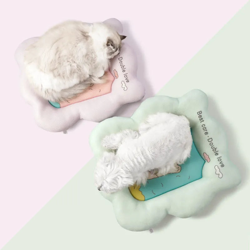 Ice silk pet cooling mat in green or pink colour, shown in four different sizes for small to large pets