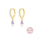 S925 sterling silver geometric water drop earring with selected pendant stone on gold or silver tone background.
