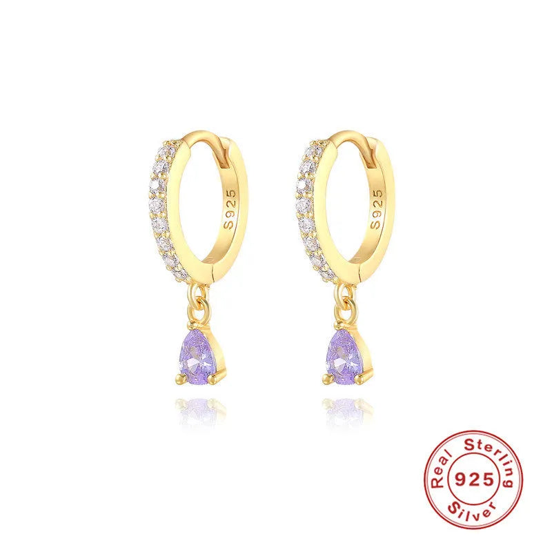 S925 sterling silver geometric water drop earring with selected pendant stone on gold or silver tone background.