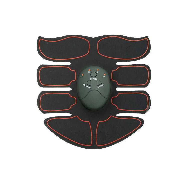 Abdominal muscle electrotherapy patch device with digital display, showing red, blue, and yellow edge colour options.