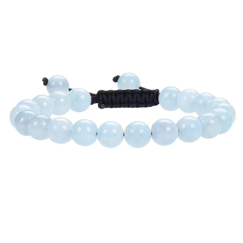 Flat knot braided women's bracelet made from hand-woven aquamarine and coloured stone beads