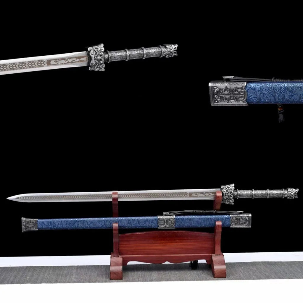 Ancient-style Tang sword with 73cm unsharpened high manganese steel blade, solid wood scabbard with leather covering